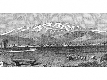 Άποψη της Λάρισας το 1853.  Πανδώρα (Αθήνα) φ. 83 (1 Σεπτεμβρίου 1853). © Βιβλιοθήκη Πανεπιστημίου Πατρών.