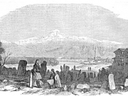 Ο Πηνειός διαρρέει τη βορειοανατολική πλευρά της Λάρισας. Στο βάθος χιονισμένη η κορυφή του Κισσάβου.  Χαρακτικό από το οδοιπορικό του Hippolyte Lapeyre, «Journal d‘ un voyageur en Egypte, en Grèce et en Turquie». 1851.