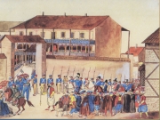 Λάρισα. Υποδοχή της ελληνικής αντιπροσωπείας υπό του πασά.  Υδατογραφία του Ludwig Koellnberger. 1834
